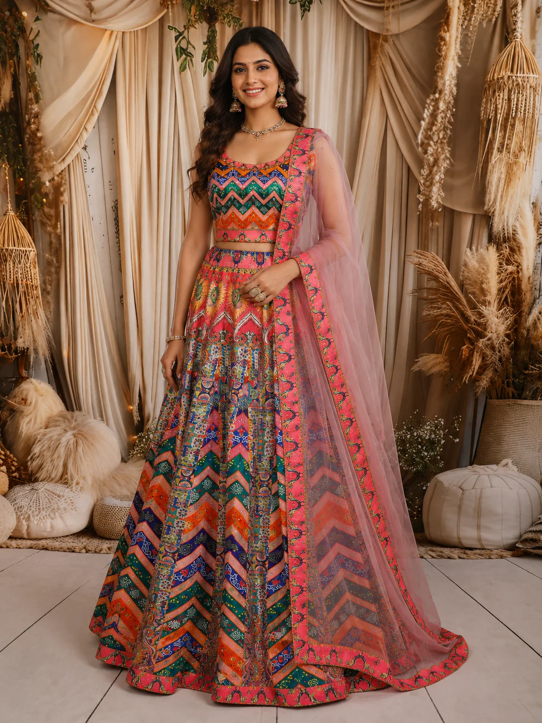 Multicolor Stone Embellished Design Space Silk Lehenga with Contrast Dupatta